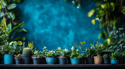 Poster - Table with several potted plants arranged in a bright indoor setting with natural light