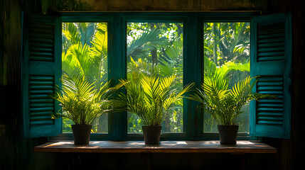Poster - Indoor window featuring a potted plant with bright green leaves in natural light