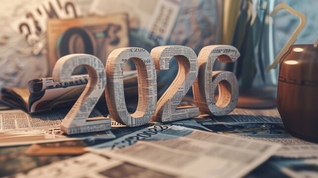 Using a 3D picture of the year 2026 and newspaper clippings as the backdrop, this decoration features a New Year's theme, Generative AI.