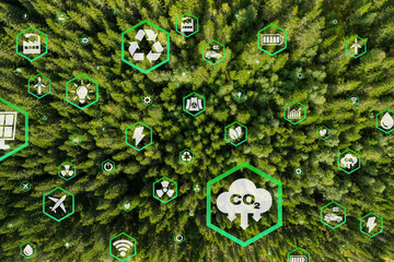 icon reduce CO2 emission concept on the top view of the forest for environmental, Sustainable development, and green business based on renewable energy limit climate change and global warming.