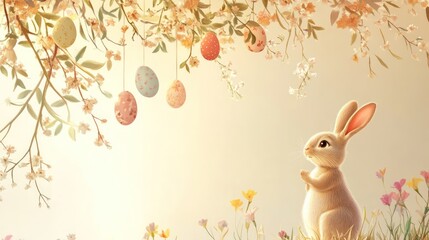 Wall Mural - A whimsical Easter Bunny standing under a flowering tree, with pastel egg decorations hanging from the branches, leaving space for text