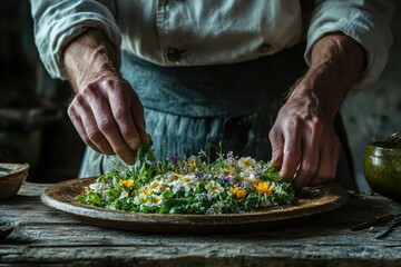 A chef carefully arranges edible flowers and herbs on a rustic wooden plate, creating a vibrant and natural culinary masterpiece.