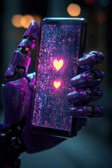 Poster - Futuristic robotic hand holding glowing smartphone with social media icons