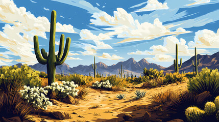 Canvas Print - A stunning vista of the sonoran desert featuring a majestic saguaro cactus and multiple agave plants, sweeping vistas, wide open spaces, saguaro cactus. Majestic Desert. Illustration