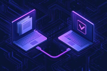 Poster - Isometric illustration of two laptops exchanging digital documents securely