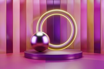 Poster - A metallic sphere on a platform with a glowing ring against a pink and purple striped background.