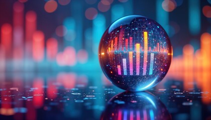 Poster - Crystal ball reflects growing bar graph over financial charts. Futuristic background shows tech, eco growth. Image shows positive investment prediction. Global business, success concept presented.