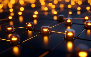 Poster - A close-up view of an interconnected network of luminous nodes glowing in warm hues, representing the intricate design of modern technology and digital communication.