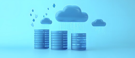 Poster - A conceptual image visualizing cloud technology and data storage, featuring digital clouds and stacked data disks. Ideal for illustrating modern data management solutions.