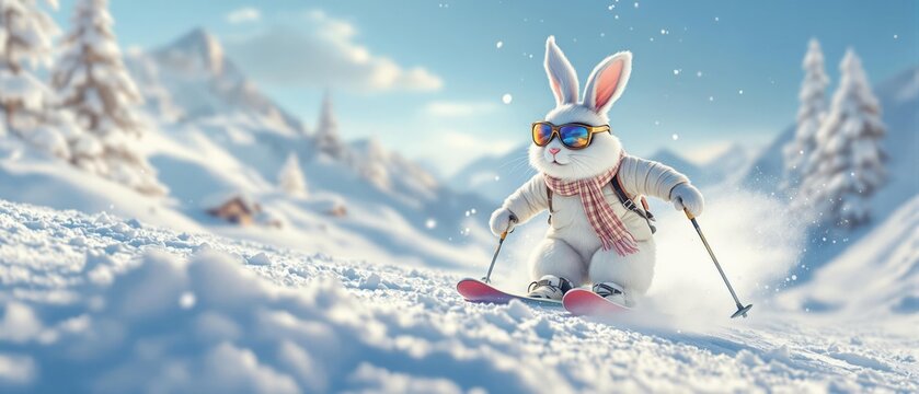 Spring is coming, White Rabbit on skis waiting for warmth and bright days