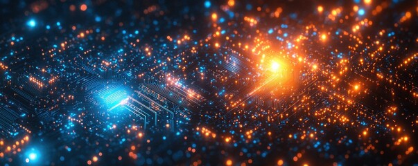 Poster - Abstract circuit board with glowing lights in blue and orange hues