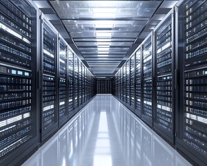 Poster - A modern data center featuring rows of servers and advanced cooling systems, highlighting the importance of data storage and management in the digital age.