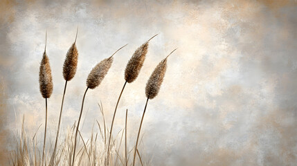 Poster - Three tall grass stalks in front of a gray wall with natural lighting