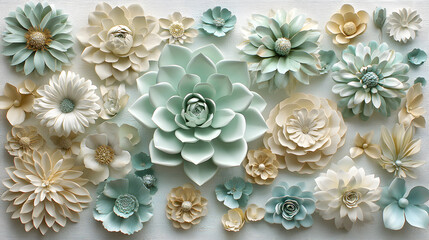 Poster - Bunch of colorful paper flowers on a white background for decorative purposes