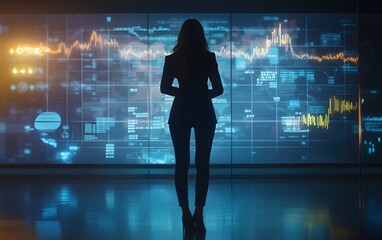 Poster - A silhouette of a businesswoman stands before a large digital screen displaying data analytics and graphs, symbolizing the intersection of technology and finance in modern workplac