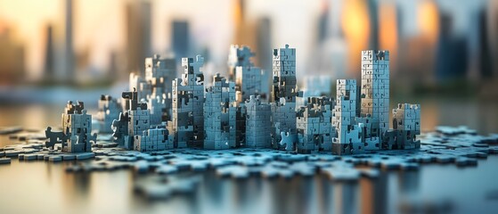 Poster - A stunning miniature cityscape emerges from a reflective surface, showcasing a blend of modern architecture