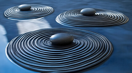 Poster - Group of black circles floating in calm water creating a unique visual pattern and texture