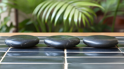 Poster - three stones arranged on a textured tiled floor in natural light creating a simple geometric composi