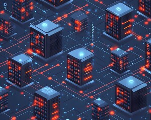 Poster - Abstract digital illustration of futuristic city with neon lights and circuit patterns.