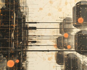 Fototapete - Abstract digital network illustration with geometric shapes and glowing elements.