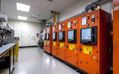 Poster - an advanced control room featuring orange machines, designed for high-tech operations and monitoring