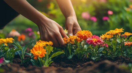 A person is harvesting flowers from a sunny garden bed, enjoying the vibrant colors and natural beauty of the surroundings.