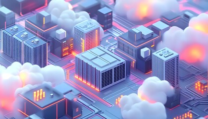 Poster - Futuristic cityscape with glowing buildings and digital circuitry environment.