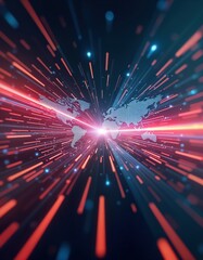Poster - global data transfer illustration shows high speed digital lines radiating from central point world 