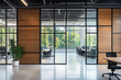 © FATNA - Modern office interior with glass partitions, wooden walls, and minimalistic furniture in spacious, bright workspace. 3D Rendering