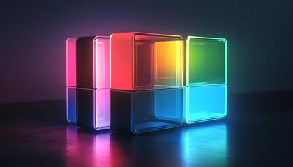 Poster - This vibrant digital art features luminous geometric shapes with glowing edges, creating a captivating light display against a dark background, perfect for modern design projects.