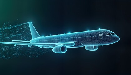 Modern delivery plane flies in sky. Tech design features blue, green lines. Generative AI illustration. Fast commercial transport concept. Future of air travel. Airplane cargo transport. Eco-friendly