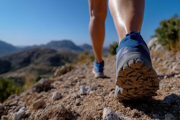 a close-up shot captures athletic legs wearing hiking shoes as they trek along a rocky mountain path