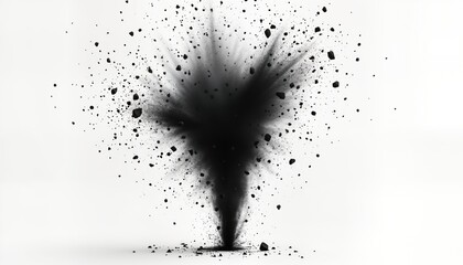 Poster - Abstract black chalk explosion effect isolated on white background. Pieces of black chalk, dust fly outwards from central point. Dynamic display of motion, impact. Perfect for graphic design