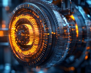 Poster - A close-up view of a futuristic engine with intricate designs and glowing elements, showcasing advanced technology and innovation.