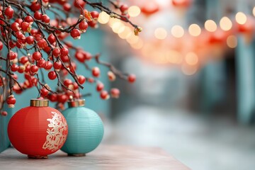 Two red and blue Chinese lanterns sit on a table