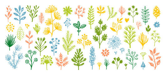 Aufkleber - Flower kid crayon pencil vector. Childish spring Easter floral background. Color crayon or chalk child hand drawn bg. Plant grass, spring flower. Pastel kid illustration. Cute floral simple doodle set