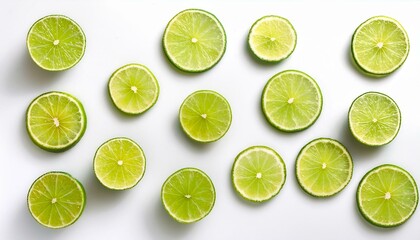 Wall Mural - Fresh lime slices arranged on white background. Zesty, vibrant, and perfect for summer.