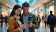 © Maryna - Happy young couple looking at phone in mall. Smiling, seem to enjoying shopping experience. Casual clothes. Modern lifestyle. Urban setting. Lots of people around. Couple focused on phone. Together.