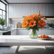 © Yvonne Bogdanski - oranger Blumenstrauß in einer modernen, weißen Küche