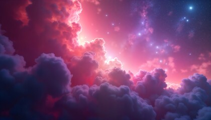Poster - Abstract view of pink, purple clouds. Colorful cosmic cloudscape. Looks like clouds in space. Colorful clouds with starlight. Dreamy, vibrant. Wonderful design for various media. Appealing graphic