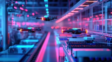 Poster - A futuristic smart factory with drones inspecting the production process.