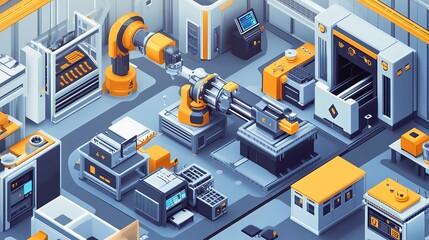 Poster - A high-tech smart factory with robotics and IoT devices controlling production.