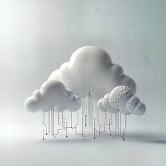 Poster - Fluffy white clouds represent cloud computing. Elegant design floats on grey backdrop. Graphic connections link clouds. Futuristic concept. White clouds on grey background showcase digital network