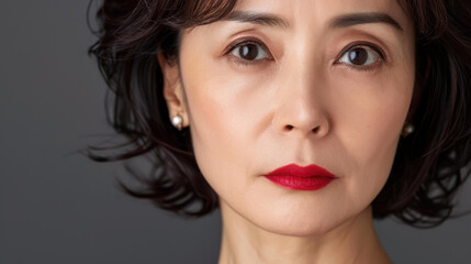  A stunning closeup portrait captures the confidence and beauty of a mature Asian woman with radiant features.
