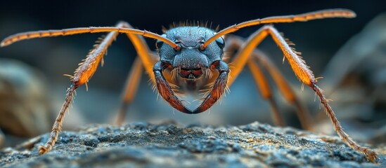 Wall Mural - A captivating close up image showcasing the intricate and somewhat intimidating features of an insect with its vibrant orange and blue tones compound eyes