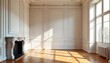 © Maryna - Empty room with luxurious interior design. White walls with classic wooden paneling. Large french windows let in sunlight. Wooden parquet floor. Ornate fireplace present. Room spacious, elegant,