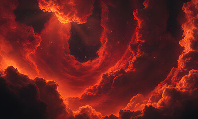 the fiery nebula glows amidst dark space clouds and stars, ideal for science fiction book cover or a
