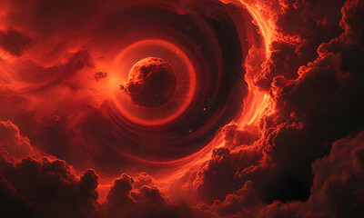 the fiery nebula glows amidst dark space clouds and stars, ideal for science fiction book cover or a