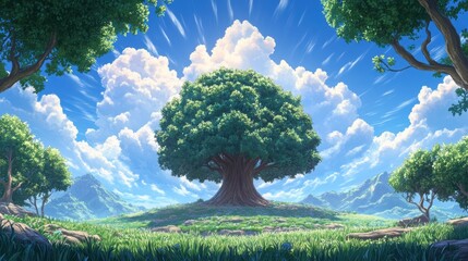 Wall Mural - Majestic tree under vibrant blue sky with lush grass and scenic clouds in serene landscape