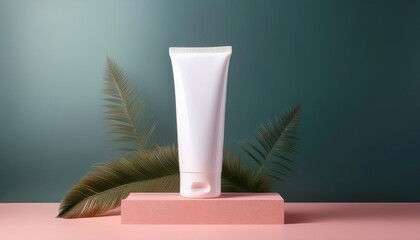 Poster - Minimalist Cosmetic Tube on Pastel Background With Soft Foliage Accents in a Serene Setting